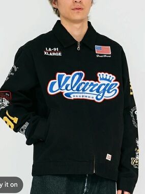 XLARGE racing Black Zip-Front Jacket with Patch Details Japan